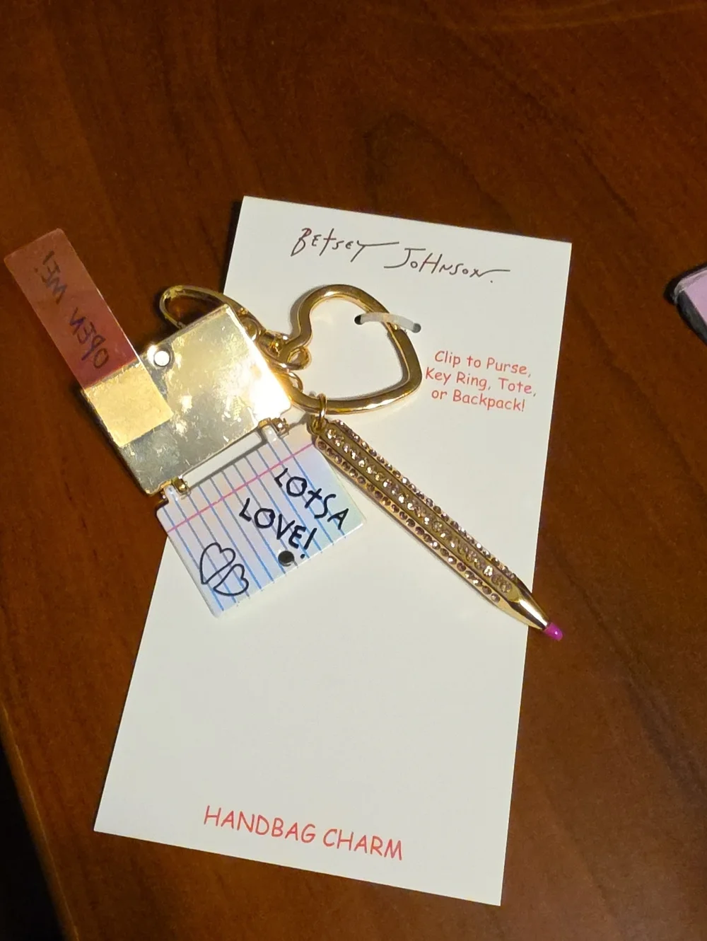 Betsey Johnson Pink Notebook & Gold Pen Handbag Charm Keychain